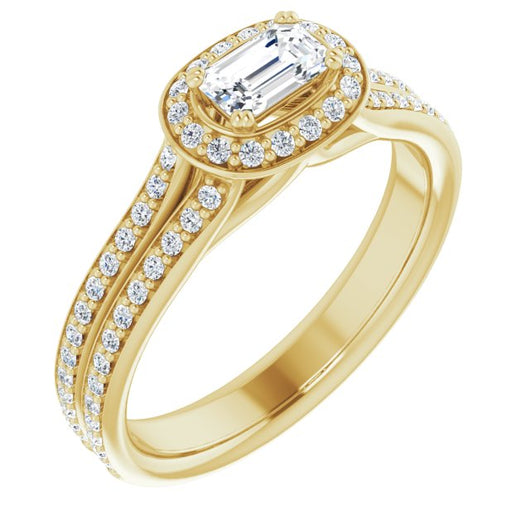 10K Yellow Gold Customizable Cathedral-set Emerald/Radiant Cut Style with Split-Pav? Band