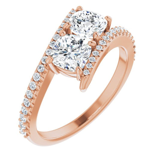 10K Rose Gold Customizable Double Cushion Cut 2-stone Design with Ultra-thin Bypass Band and Pavé Enhancement