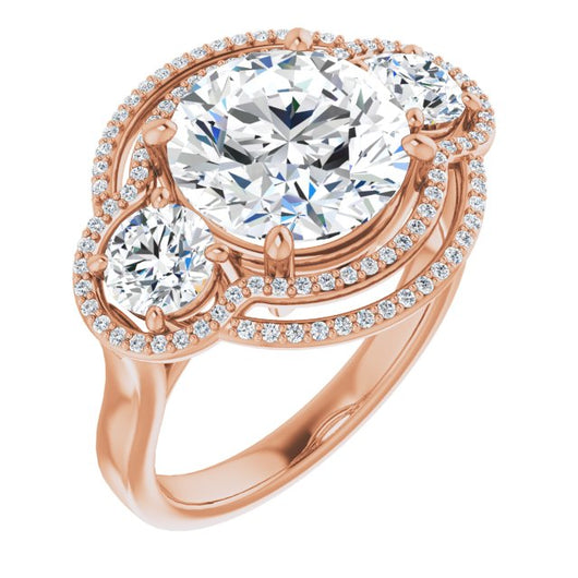 10K Rose Gold Customizable Cathedral-set Enhanced 3-stone Round Cut Design with Multidirectional Halo