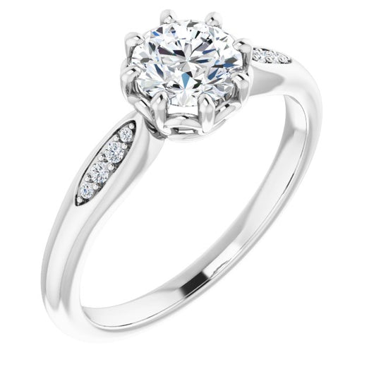 10K White Gold Customizable 9-stone Round Cut Design with 8-prong Decorative Basket & Round Cut Side Stones