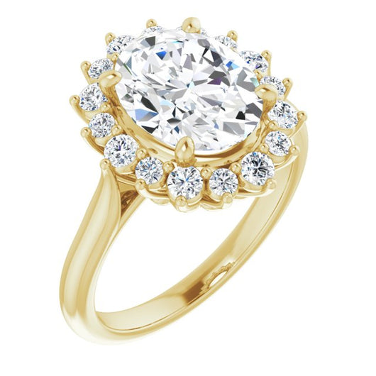 10K Yellow Gold Customizable Crown-Cathedral Oval Cut Design with Clustered Large-Accent Halo & Ultra-thin Band