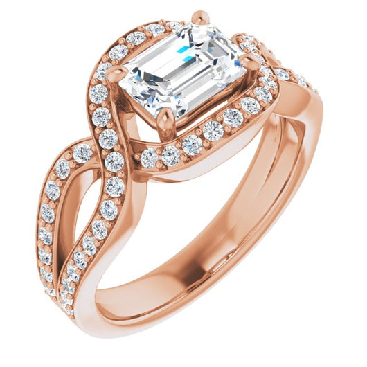 10K Rose Gold Customizable Emerald/Radiant Cut Center with Infinity-inspired Split Shared Prong Band and Bypass Halo