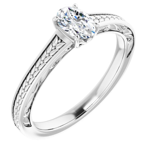 10K White Gold Customizable Oval Cut Solitaire with Organic Textured Band and Decorative Prong Basket