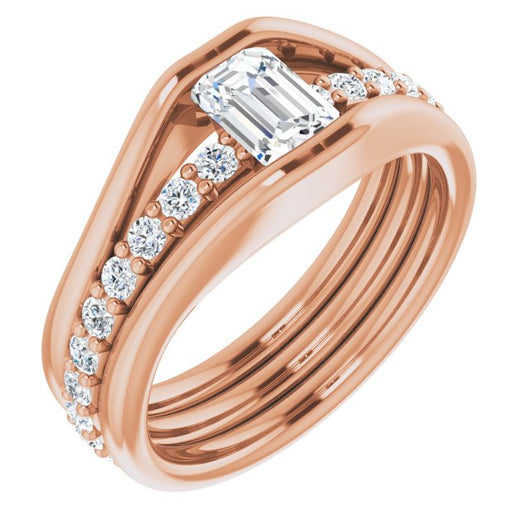 10K Rose Gold Customizable Bezel-set Emerald/Radiant Cut Style with Thick Pavé Band