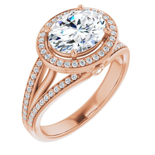 10K Rose Gold Customizable High-set Oval Cut Design with Halo, Wide Tri-Split Shared Prong Band and Round Bezel Peekaboo Accents