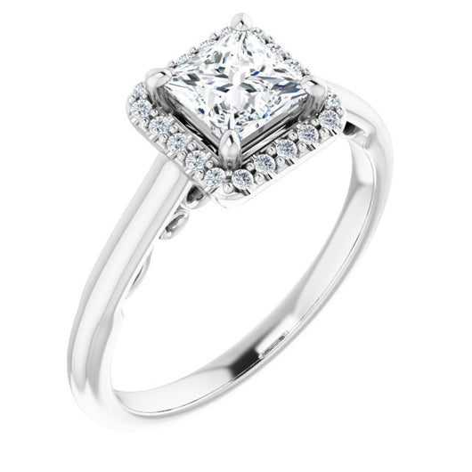 10K White Gold Customizable Cathedral-Halo Princess/Square Cut Style featuring Sculptural Trellis