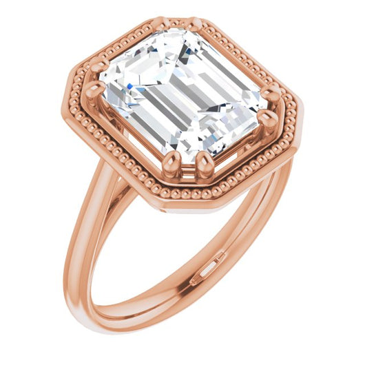 10K Rose Gold Customizable Emerald/Radiant Cut Solitaire with Metallic Drops Halo Lookalike