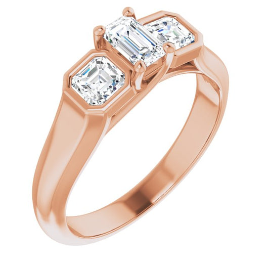 10K Rose Gold Customizable 3-stone Cathedral Emerald/Radiant Cut Design with Twin Asscher Cut Side Stones