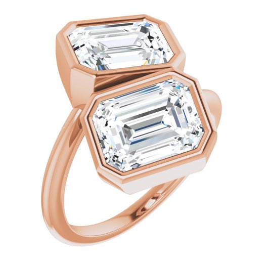 10K Rose Gold Customizable 2-stone Double Bezel Emerald/Radiant Cut Design with Artisan Bypass Band