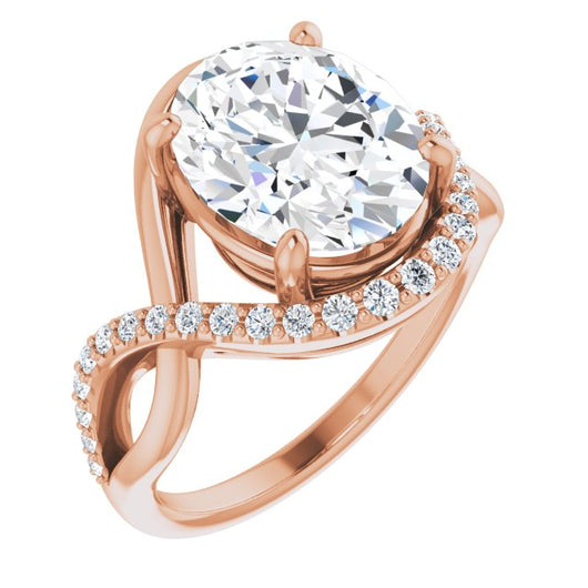 10K Rose Gold Customizable Oval Cut Design with Semi-Accented Twisting Infinity Bypass Split Band and Half-Halo