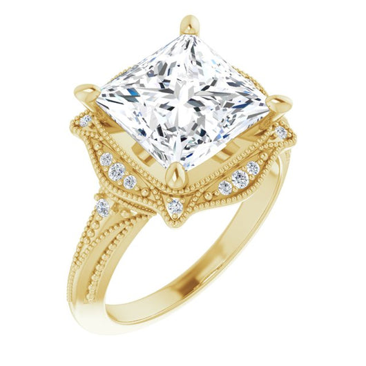 10K Yellow Gold Customizable Vintage Princess/Square Cut Design with Beaded Milgrain and Starburst Semi-Halo