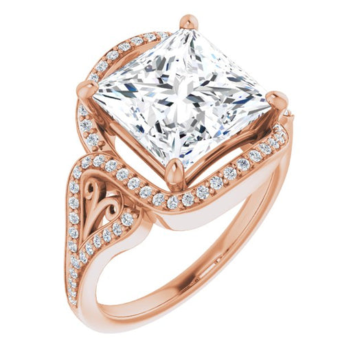 10K Rose Gold Customizable Princess/Square Cut Design with Bypass Halo and Split-Shared Prong Band