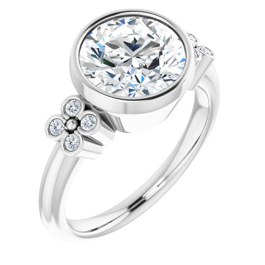 14K White Gold Customizable 9-stone Bezel-set Round Cut Design with Quad Round Bezel Side Stones Each Side