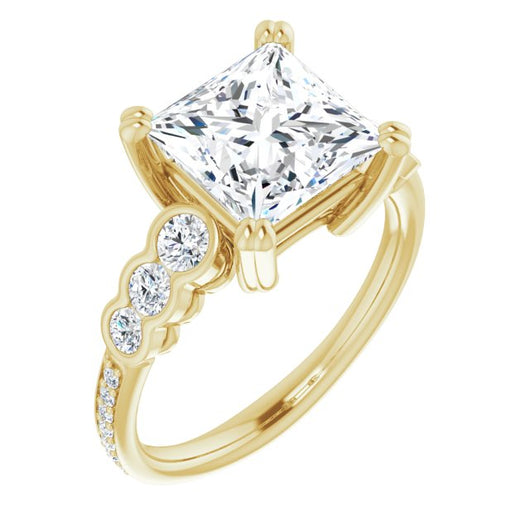 10K Yellow Gold Customizable Princess/Square Cut 7-stone Style Enhanced with Bezel Accents and Shared Prong Band