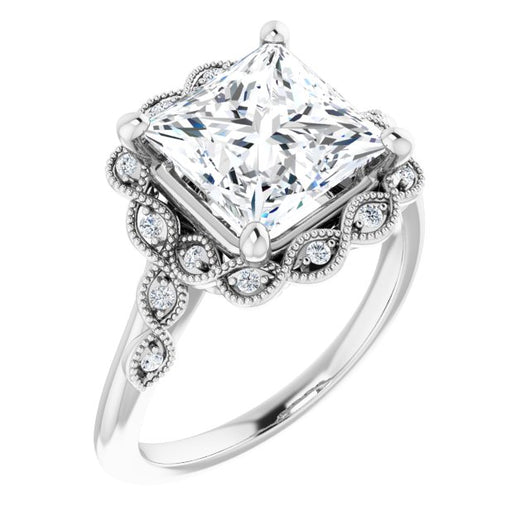 10K White Gold Customizable 3-stone Design with Princess/Square Cut Center and Halo Enhancement