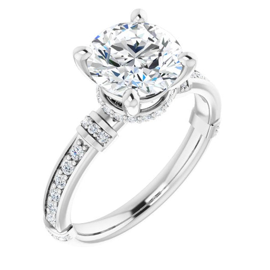 10K White Gold Customizable Round Cut Style featuring Under-Halo, Shared Prong and Quad Horizontal Band Accents