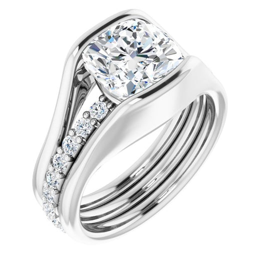 10K White Gold Customizable Bezel-set Cushion Cut Style with Thick Pavé Band