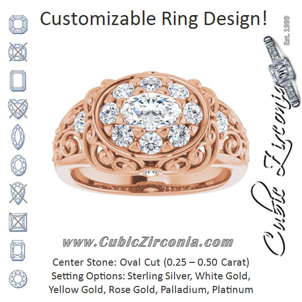 Cubic Zirconia Engagement Ring- The Vanessa (Customizable Oval Cut Halo Style with Round Prong Side Stones and Intricate Metalwork)