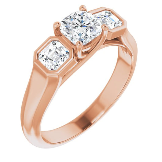 10K Rose Gold Customizable 3-stone Cathedral Cushion Cut Design with Twin Asscher Cut Side Stones