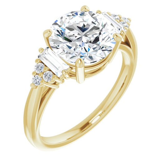 10K Yellow Gold Customizable 9-stone Design with Round Cut Center, Side Baguettes and Tri-Cluster Round Accents