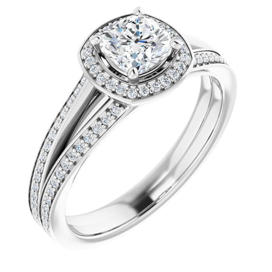 10K White Gold Customizable Cushion Cut Design with Split-Band Shared Prong & Halo