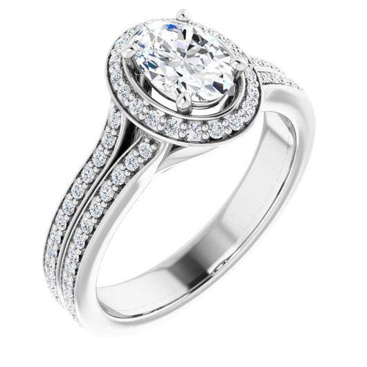 10K White Gold Customizable Cathedral-raised Oval Cut Setting with Halo and Shared Prong Band