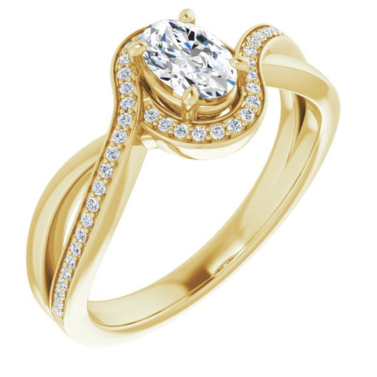 10K Yellow Gold Customizable Bypass-Halo-Accented Oval Cut Center with Twisting Split Shared Prong Band