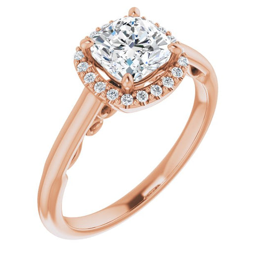 10K Rose Gold Customizable Cathedral-Halo Cushion Cut Style featuring Sculptural Trellis