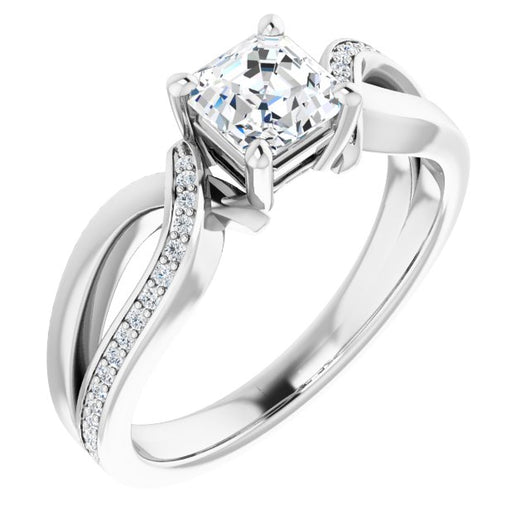 10K White Gold Customizable Asscher Cut Center with Curving Split-Band featuring One Shared Prong Leg