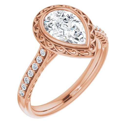 10K Rose Gold Customizable Cathedral-Bezel Pear Cut Design featuring Accented Band with Filigree Inlay