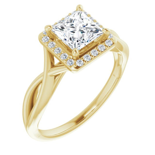 10K Yellow Gold Customizable Cathedral-Halo Princess/Square Cut Design with Twisting Split Band