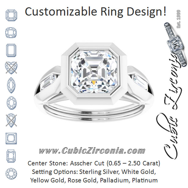 Cubic Zirconia Engagement Ring- The Claudelle (Customizable Bezel-set Asscher Cut Design with Wide Split Band & Tension-Channel Baguette Accents)