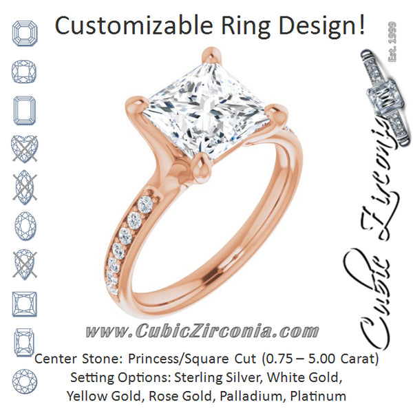 Cubic Zirconia Engagement Ring- The Faride (Customizable Heavy Prong-Set Princess/Square Cut Style with Round Cut Band Accents)