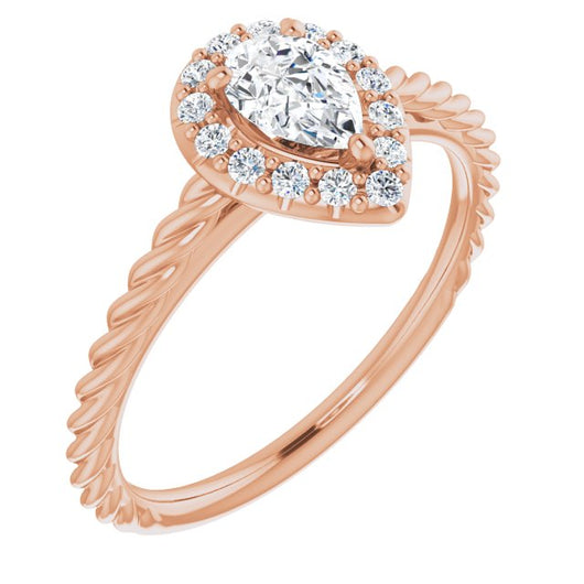 10K Rose Gold Customizable Cathedral-set Pear Cut Design with Halo and Twisty Rope Band