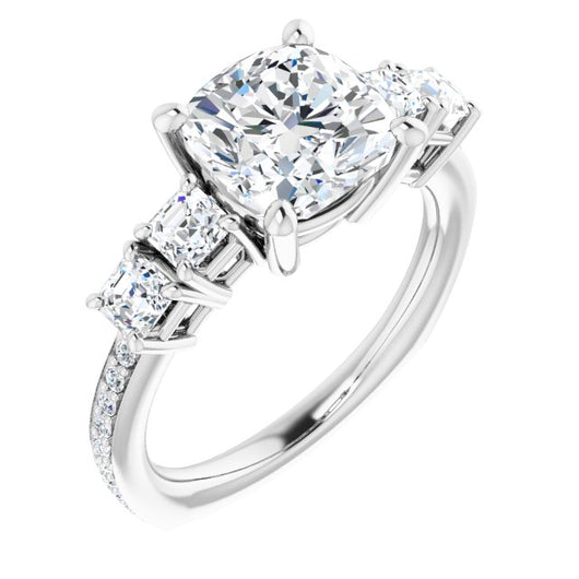 10K White Gold Customizable Cushion Cut 5-stone Style with Quad Cushion Accents plus Shared Prong Band