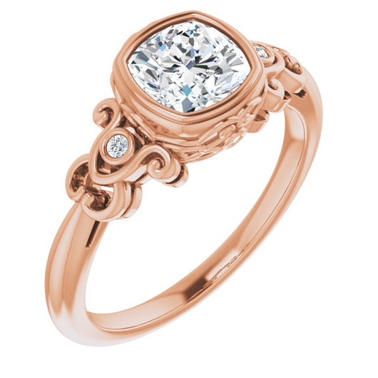 10K Rose Gold Customizable 5-stone Design with Cushion Cut Center and Quad Round-Bezel Accents