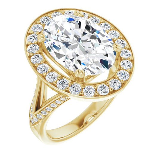 10K Yellow Gold Customizable Oval Cut Center with Large-Accented Halo and Split Shared Prong Band