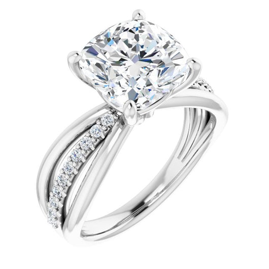 10K White Gold Customizable Cushion Cut Design with Tri-Split Accented Band