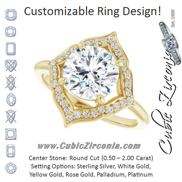 Cubic Zirconia Engagement Ring- The Casie Jean (Customizable Round Cut Style with Artistic Equilateral Halo and Ultra-thin Band)