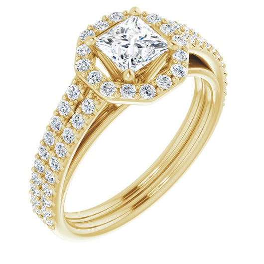 10K Yellow Gold Customizable Cathedral Princess/Square Cut Design with Geometric Halo & Split Pavé Band