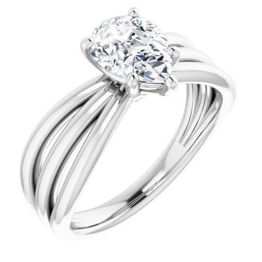 10K White Gold Customizable Pear Cut Solitaire Design with Wide, Ribboned Split-band