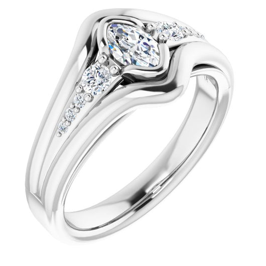 10K White Gold Customizable 9-stone Marquise Cut Design with Bezel Center, Wide Band and Round Prong Side Stones