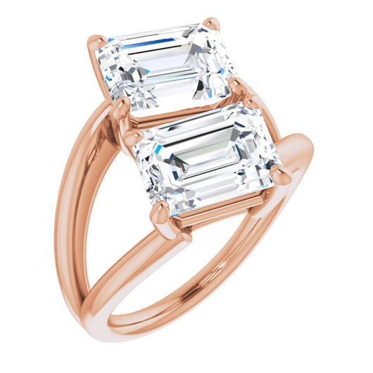 10K Rose Gold Customizable Two Stone Double Emerald/Radiant Cut Design with Split Bypass Band