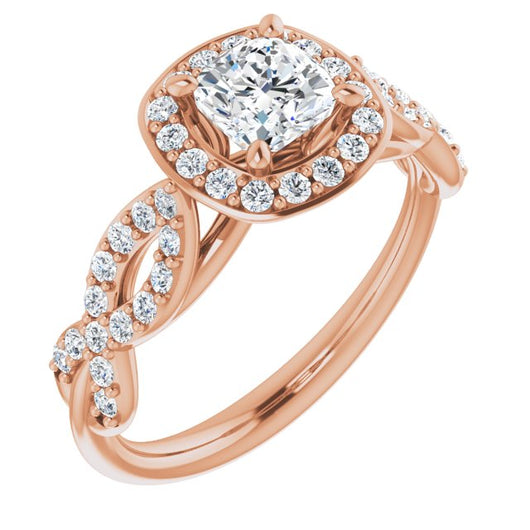 10K Rose Gold Customizable Cathedral-Halo Cushion Cut Design with Artisan Infinity-inspired Twisting Pavé Band