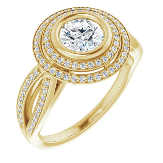 10K Yellow Gold Customizable Bezel-set Round Cut Style with Double Halo and Split Shared Prong Band