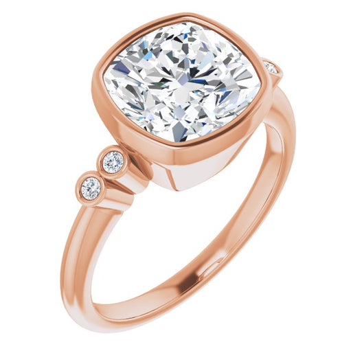 10K Rose Gold Customizable 5-stone Bezel-set Cushion Cut Design with Quad Round-Bezel Side Stones