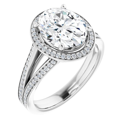 10K White Gold Customizable Oval Cut Design with Split-Band Shared Prong & Halo