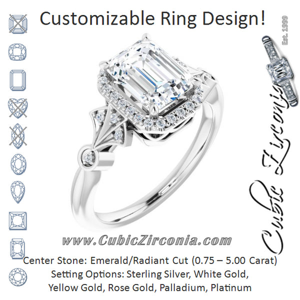 Cubic Zirconia Engagement Ring- The Zhee (Customizable Cathedral-Crown Emerald Cut Design with Halo and Scalloped Side Stones)