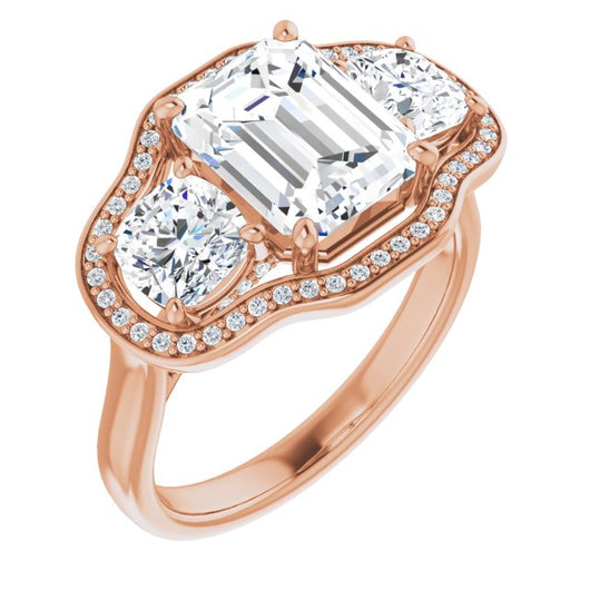 10K Rose Gold Customizable 3-stone Design with Emerald/Radiant Cut Center, Cushion Side Stones, Triple Halo and Bridge Under-halo