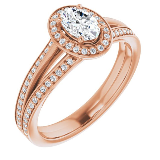 10K Rose Gold Customizable Oval Cut Design with Split-Band Shared Prong & Halo